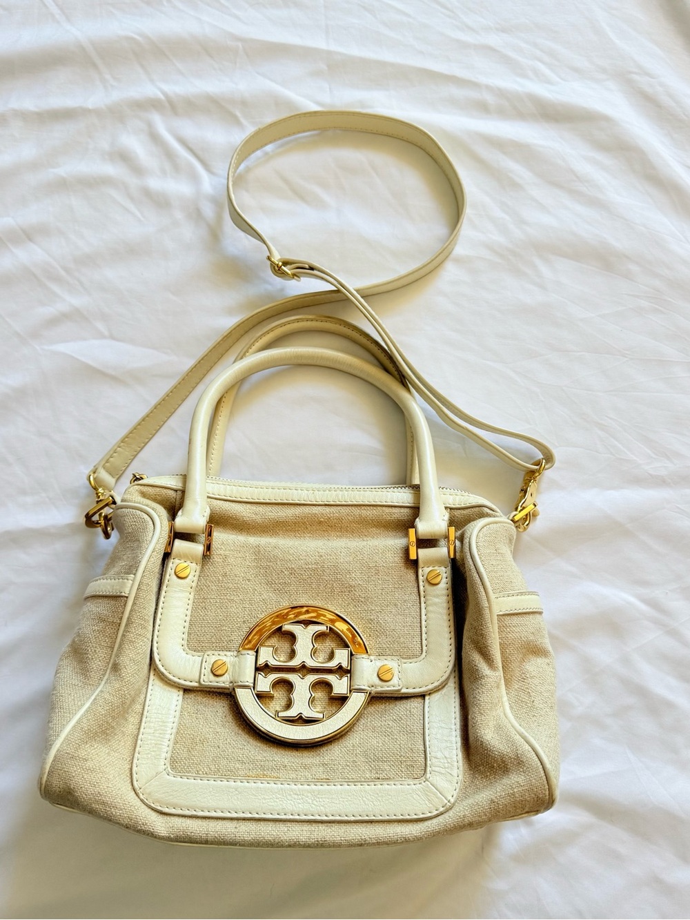 Tory Burch Amanda Linen Canvas & Leather Satchel Crossbody Bag – Cream